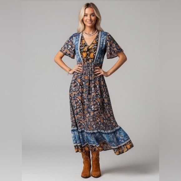 Boho Floral Bell Sleeve Asymmetrical Hem Dress - Picture 2 of 9